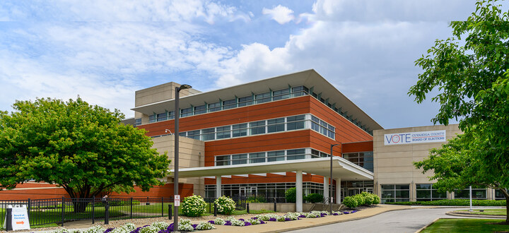 Cuyahoga County Board of Elections office building with VOTE sign