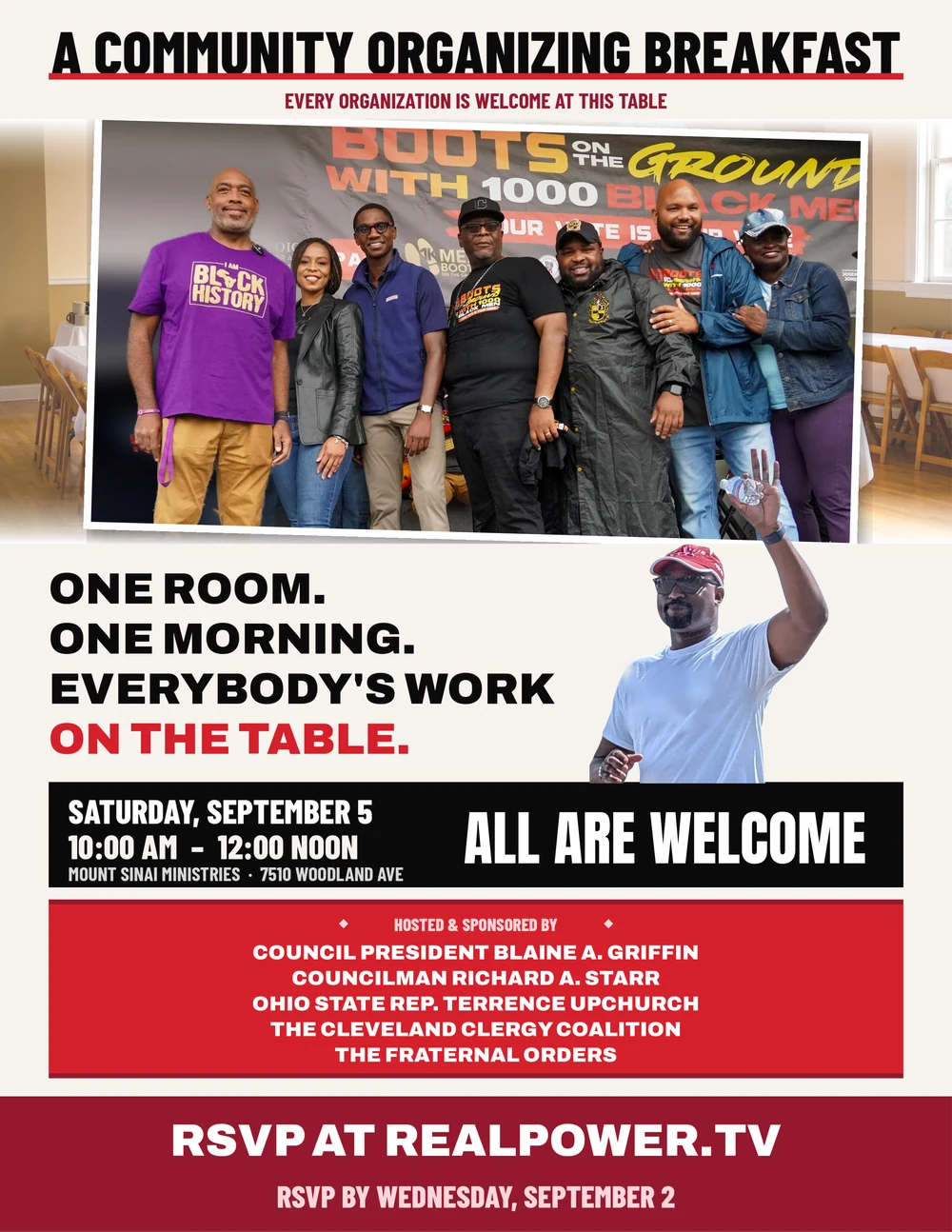 A Community Organizing Breakfast &mdash; Saturday, September 5, 2026, 10 AM to 12 noon, Mount Sinai Ministries, 7510 Woodland Avenue, Cleveland. RSVP at RealPower.TV by Wednesday, September 2.