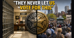 Cuyahoga County sheriff badge split between a jail corridor and a Cleveland voting rally