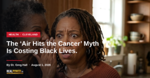 Two Black women in a kitchen, one whispering a rumor about cancer