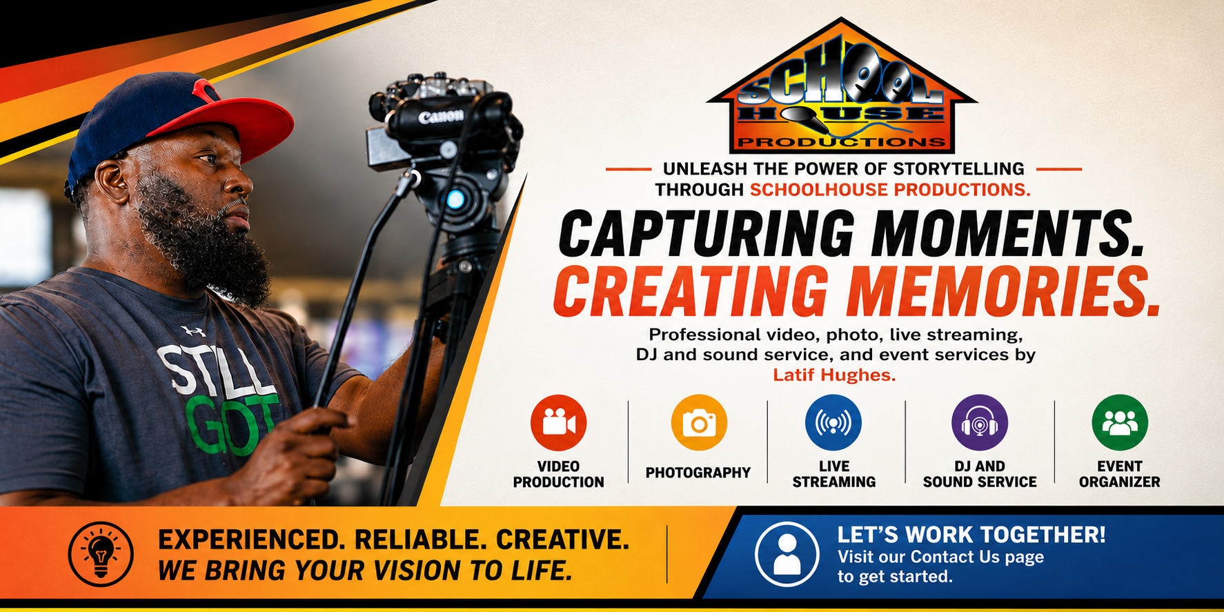 Schoolhouse Productions - Professional media services by Latif Hughes, cameraman for RealPower.TV. Contact us to book.
