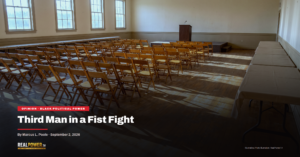 An empty community hall set with folding chairs for an organizing convention