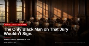 Empty jury box in a courtroom, twelve chairs, the end chair turned out of line