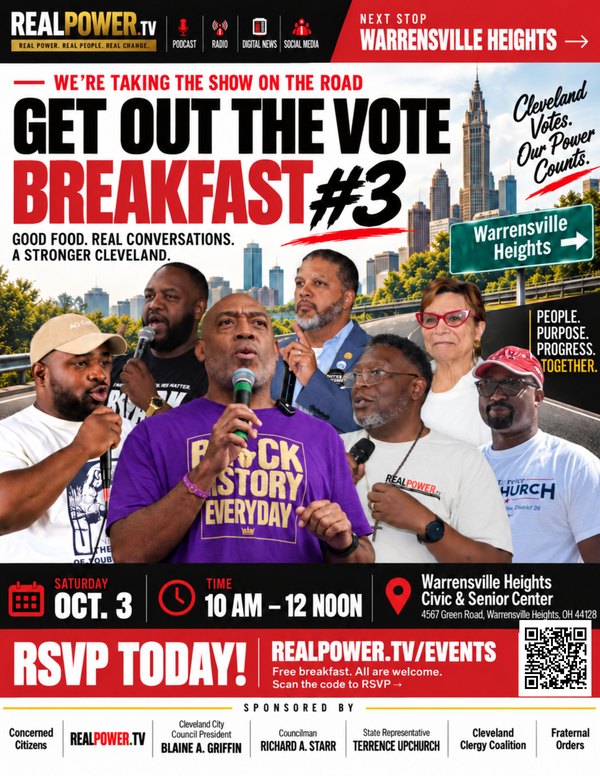 Get Out The Vote Breakfast #3 flyer. Saturday, October 3, 10 AM to 12 Noon, Warrensville Heights Civic & Senior Center, 4567 Green Road, Warrensville Heights.