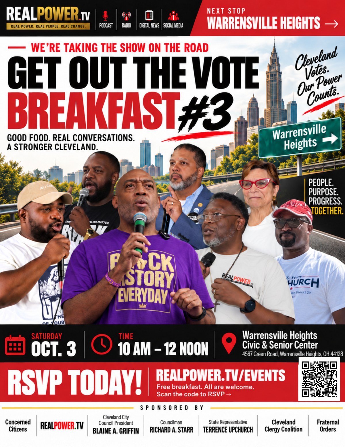 Get Out The Vote Breakfast #3 &mdash; Saturday, October 3, 2026, 10 AM to 12 Noon, Warrensville Heights Civic & Senior Center, 4567 Green Road, Warrensville Heights. Free breakfast, special guests, community mobilization.