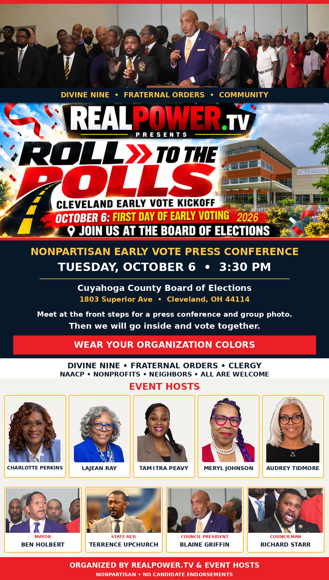 Roll to the Polls, Cleveland Early Vote Kickoff. Tuesday, October 6, 2026, 3:30 PM, Cuyahoga County Board of Elections, 1803 Superior Avenue.