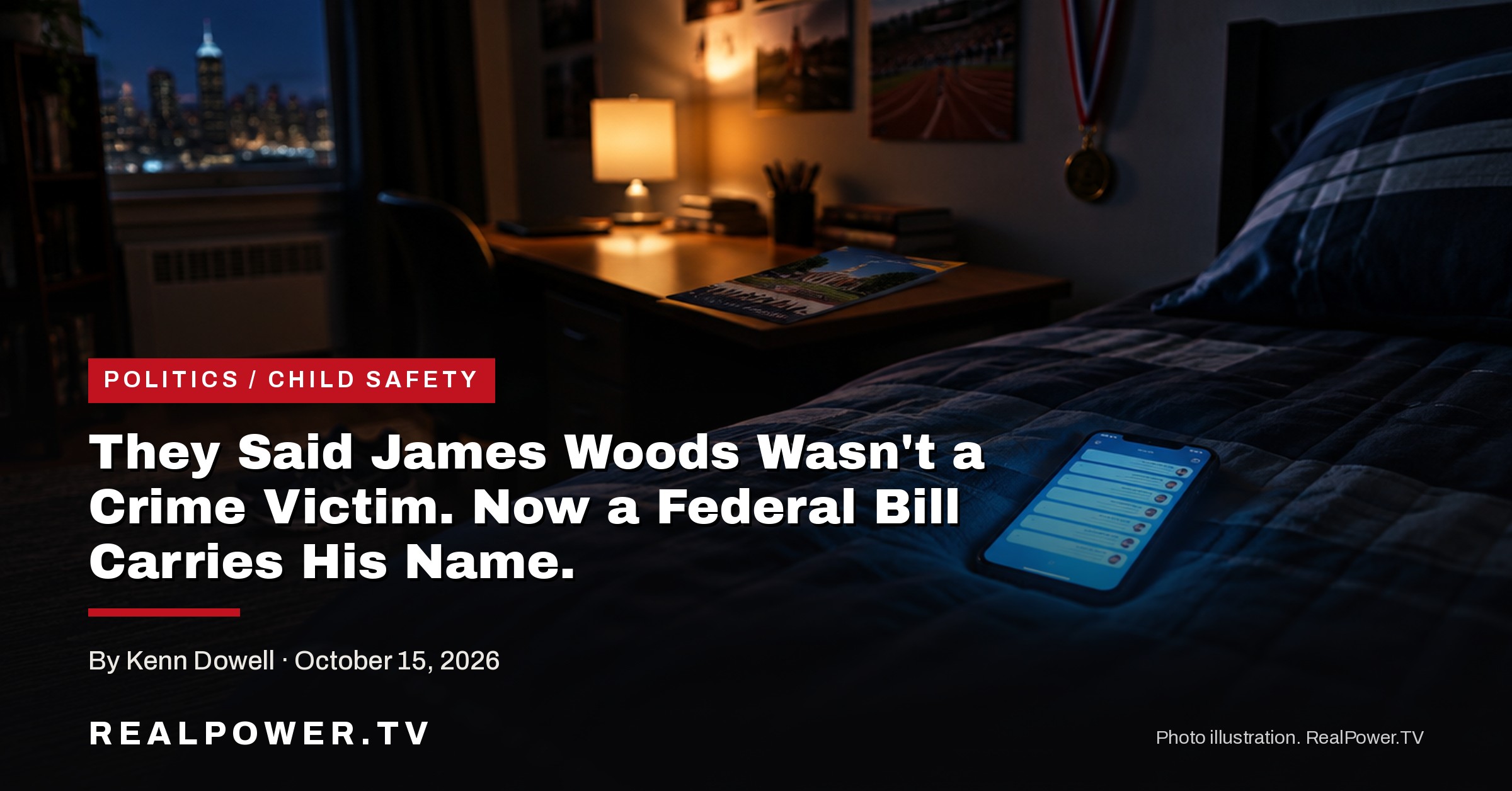 A teenager’s bedroom at night, a phone lit up with messages on the bed