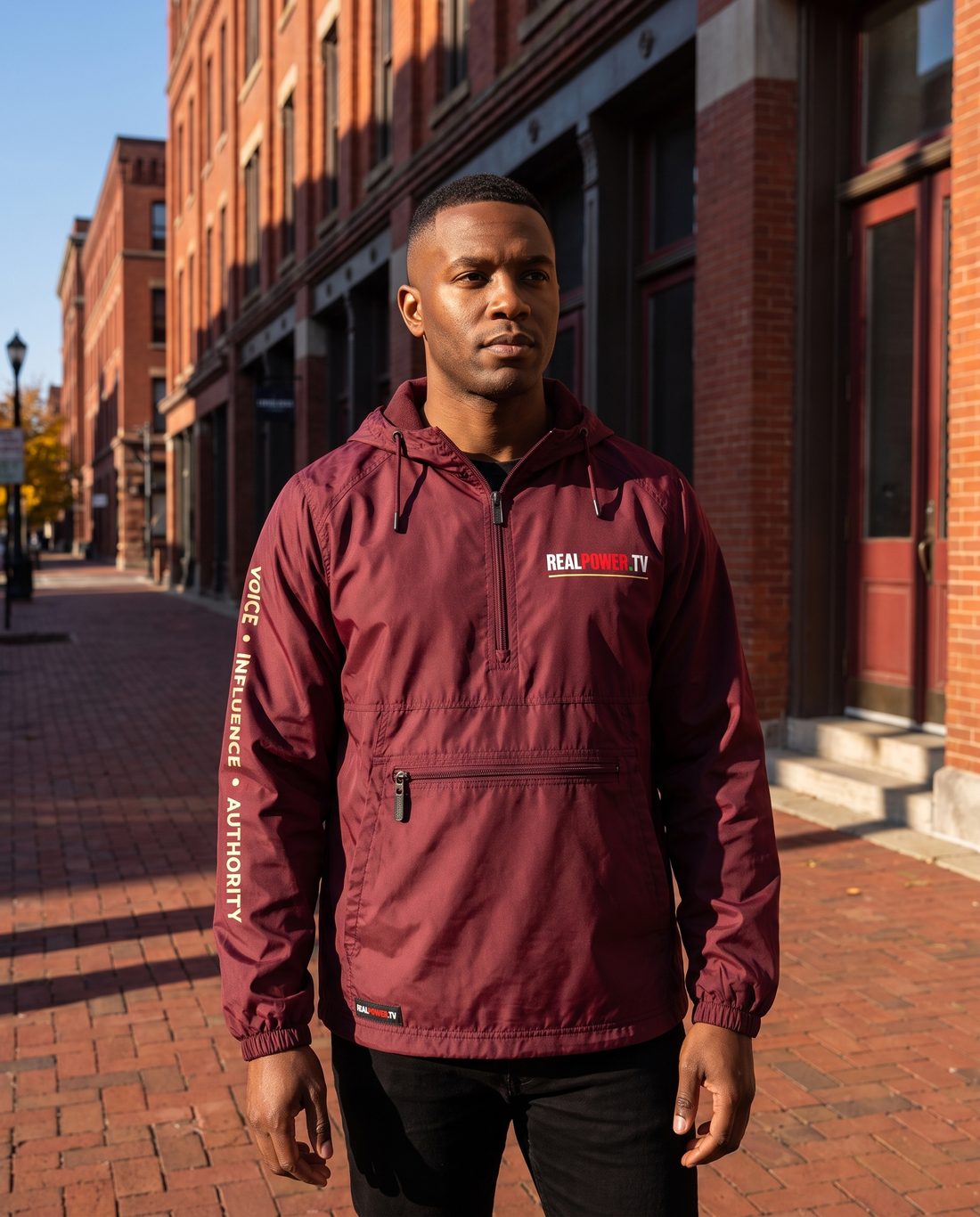 Model in The Authority Anorak in maroon