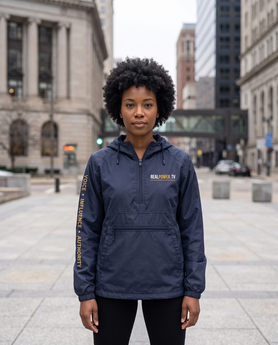 Model in The Authority Anorak in navy downtown