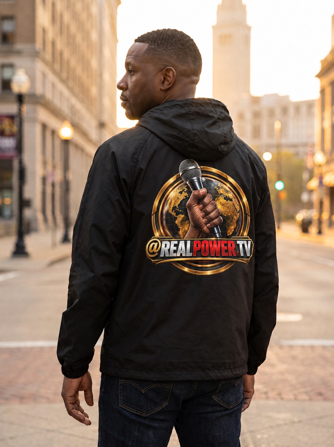 Model wearing The Authority Anorak, fist-and-mic emblem printed across the back