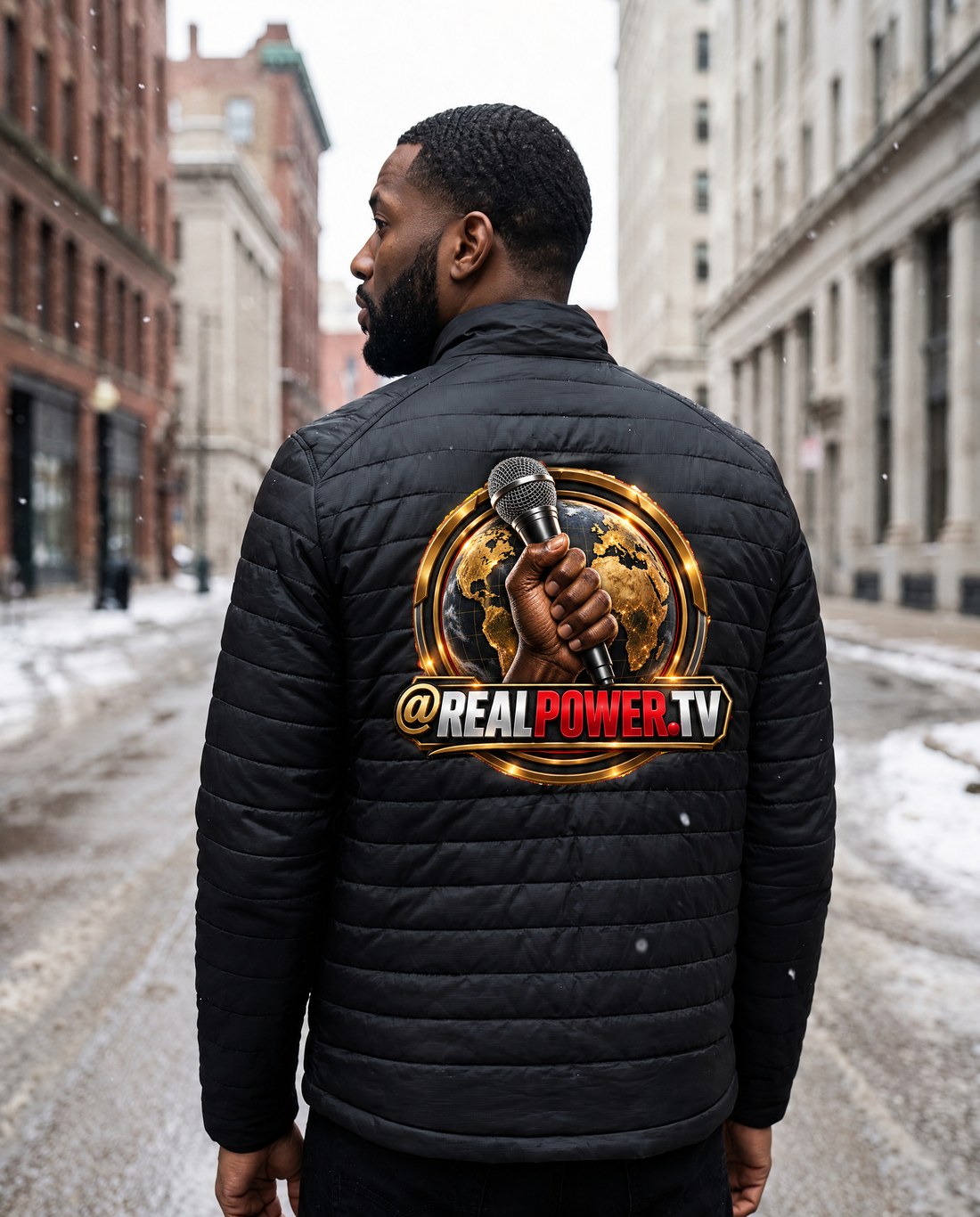 Model in The Authority Puffer Jacket on a snowy Cleveland street