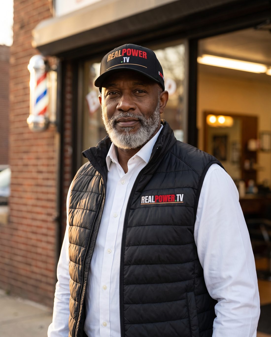 Model in The Authority Puffer Vest and cap outside a barbershop