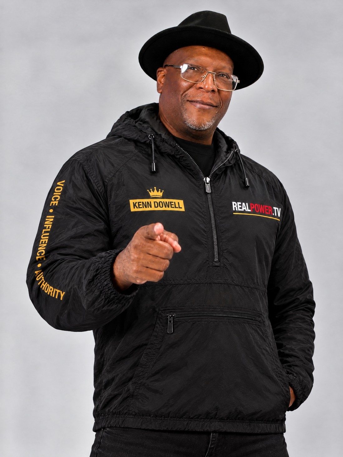 Kenn Dowell wearing The Authority Anorak in black with the crowned name plate