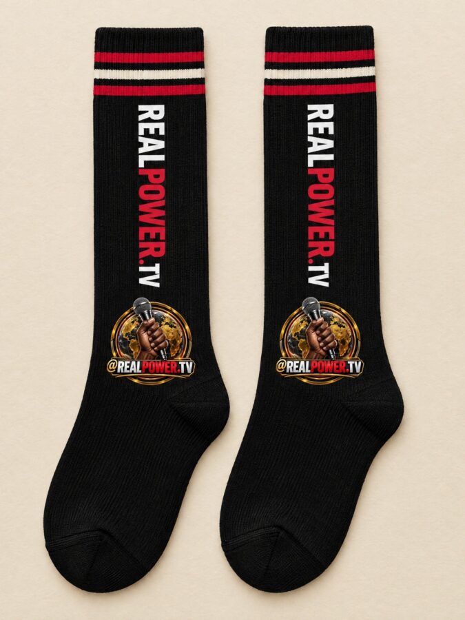 RealPower.TV crew socks, ink black with crimson and bone stripes and the fist-and-mic emblem