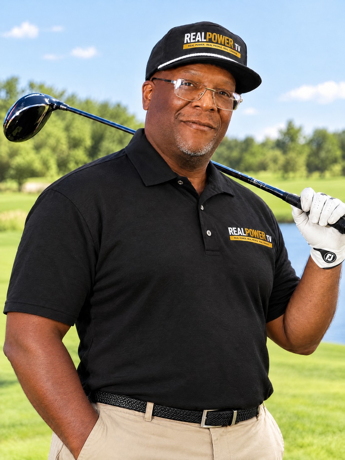 Kenn Dowell on the golf course in the RealPower.TV rope cap