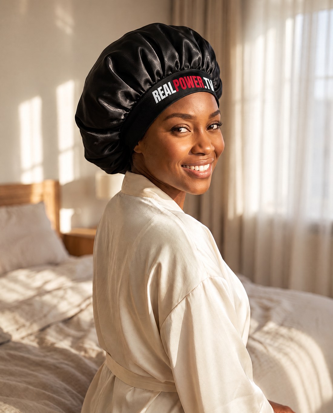 Model in the black Protect the Crown satin bonnet