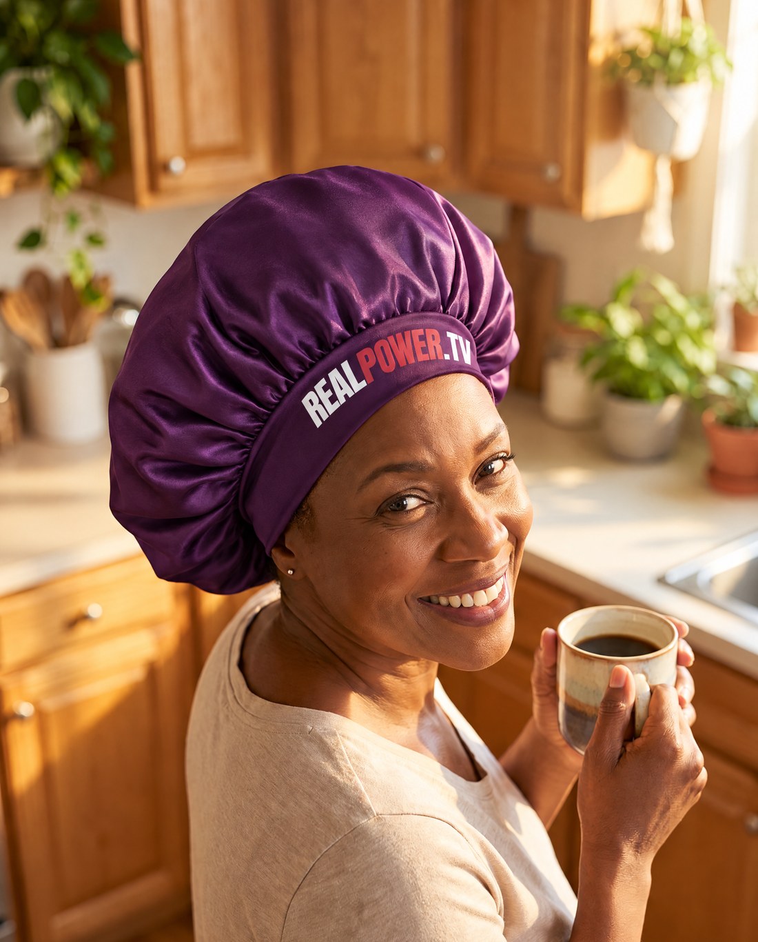 Model in the purple Protect the Crown bonnet