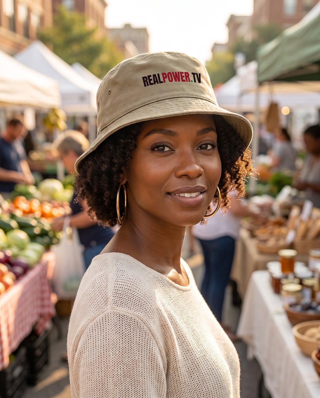 Model in the khaki RealPower.TV bucket hat