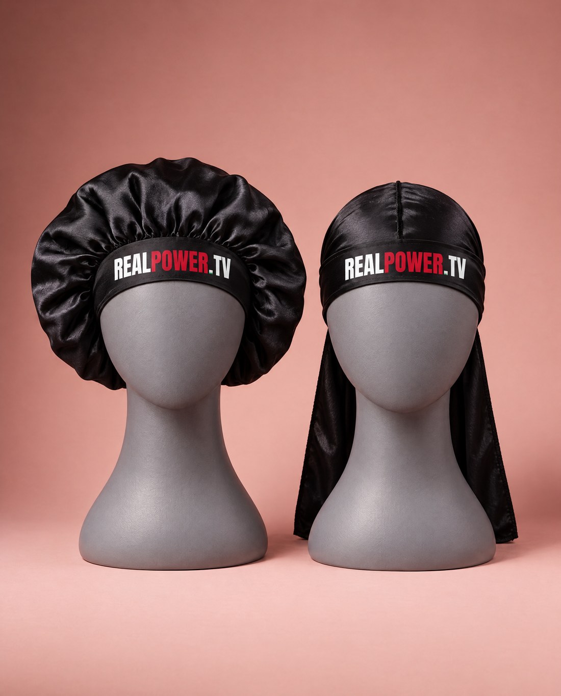 Black Protect the Crown bonnet and black Stay Ready durag on head forms