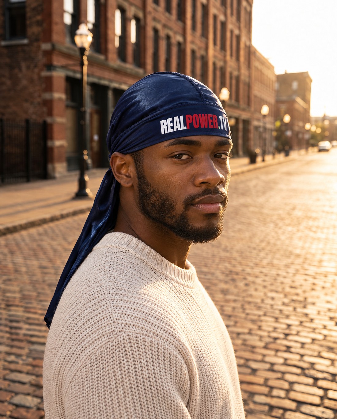 Model in the navy Stay Ready durag
