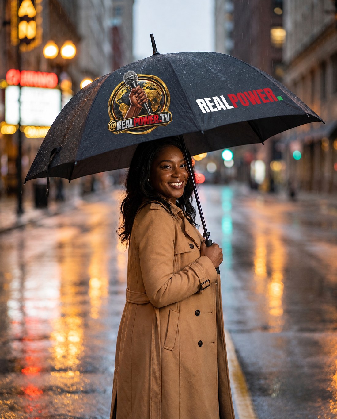 Model on a rainy downtown Cleveland street under the RealPower.TV umbrella