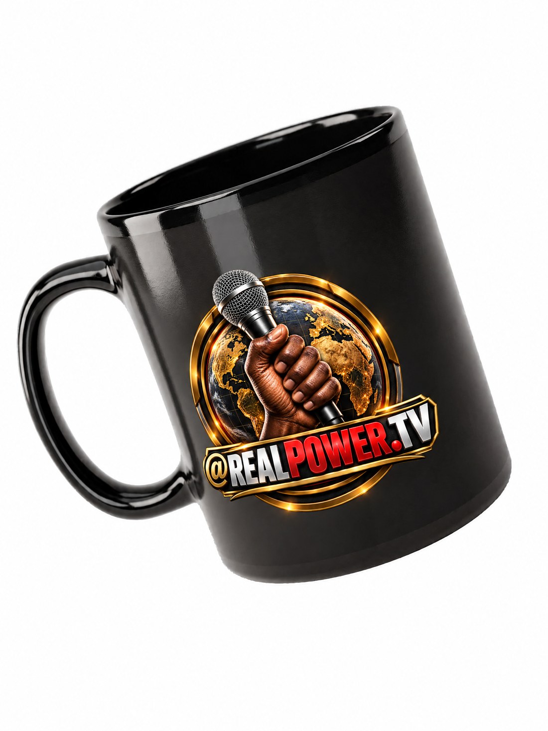 RealPower.TV fist-and-mic mug, handle view