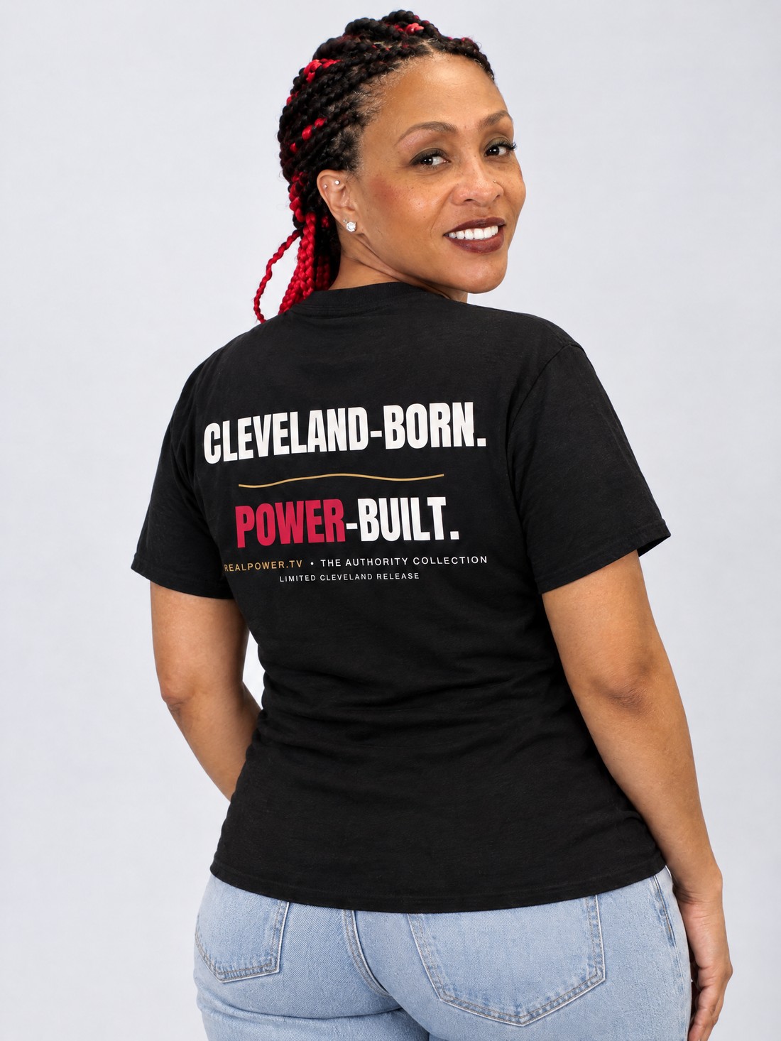 Dr. Heather E. Burton wearing the Cleveland-Born Power-Built tee