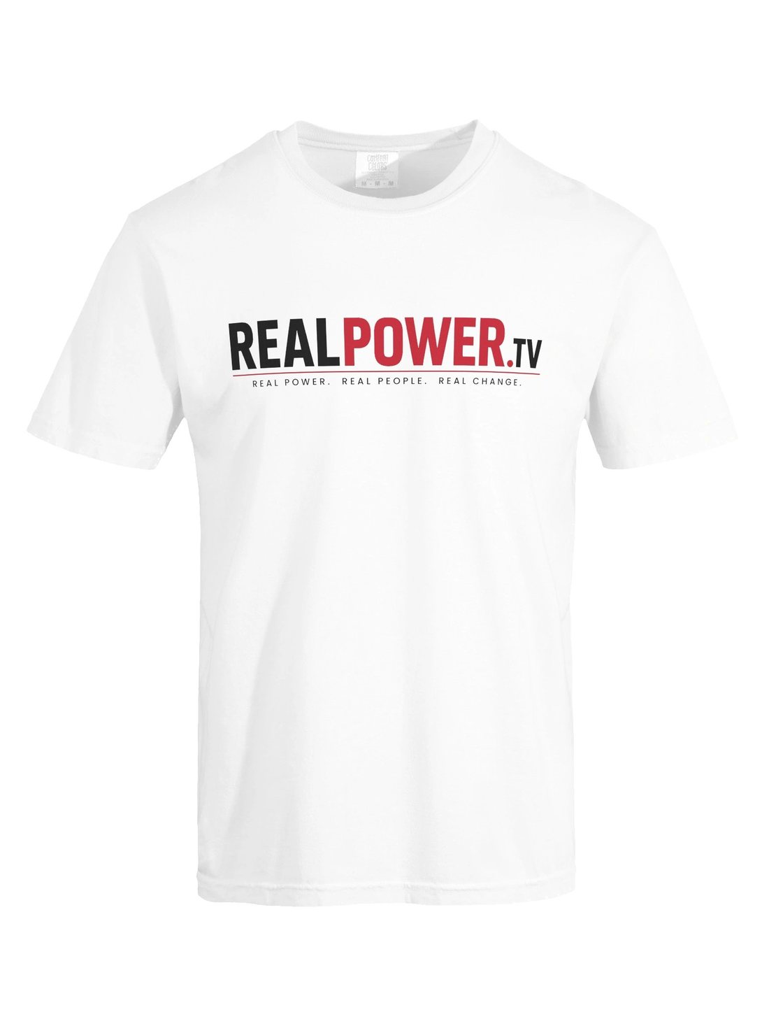 RealPower.TV Training Tee in white, three-quarter view