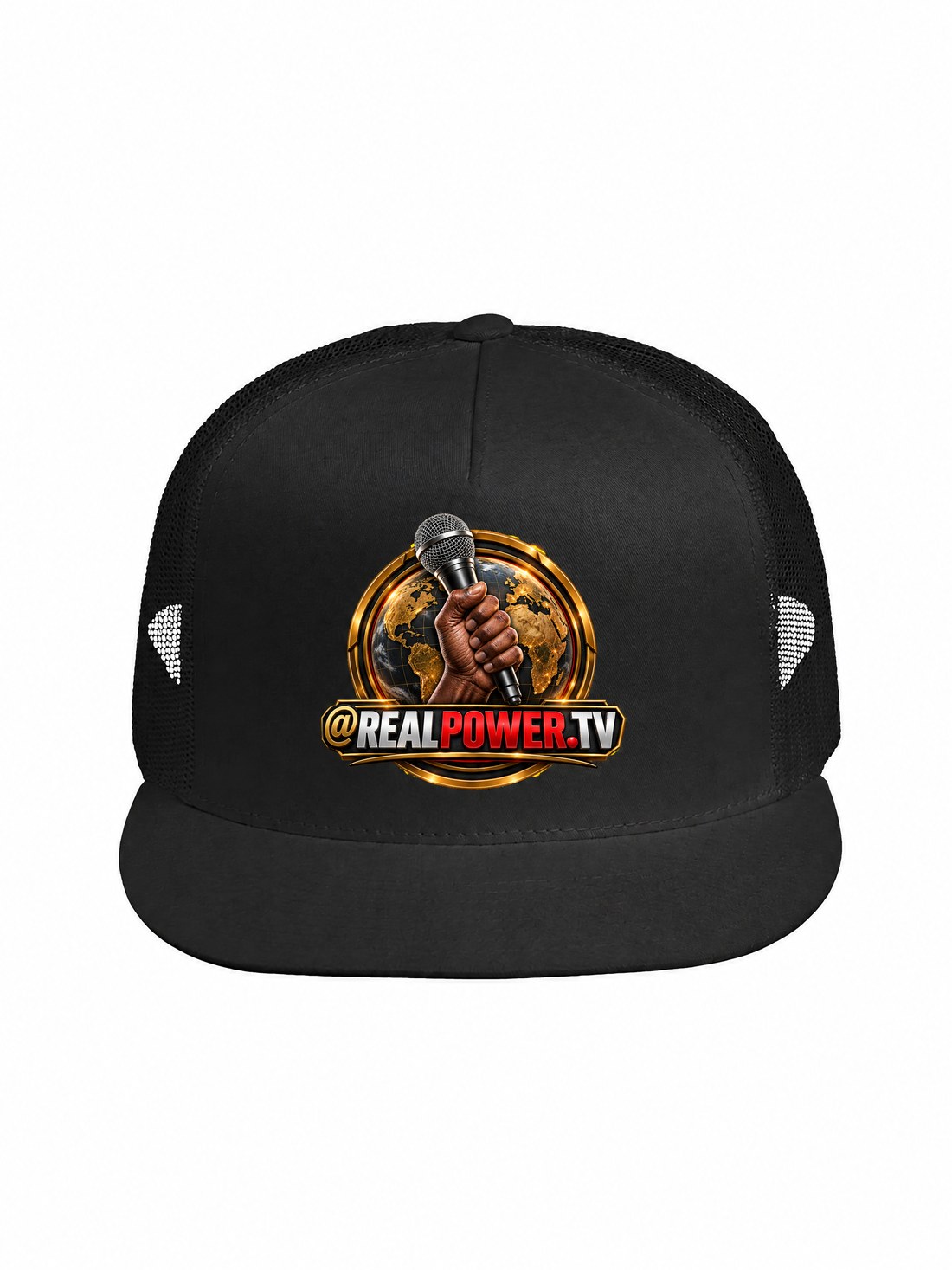 RealPower.TV fist-and-mic trucker hat, front