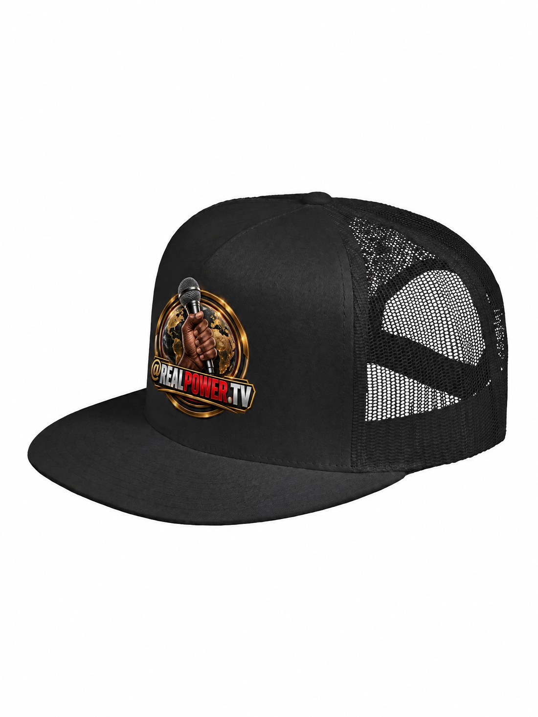 RealPower.TV fist-and-mic trucker hat, side mesh