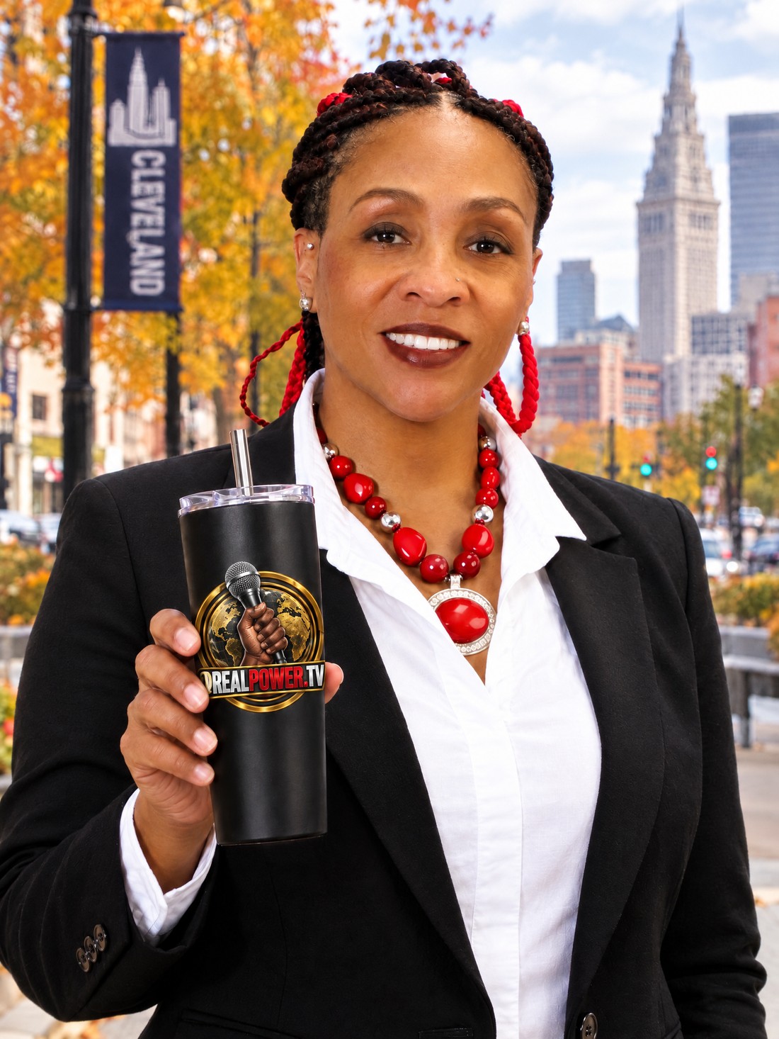 Dr. Heather E. Burton downtown with the RealPower.TV tumbler