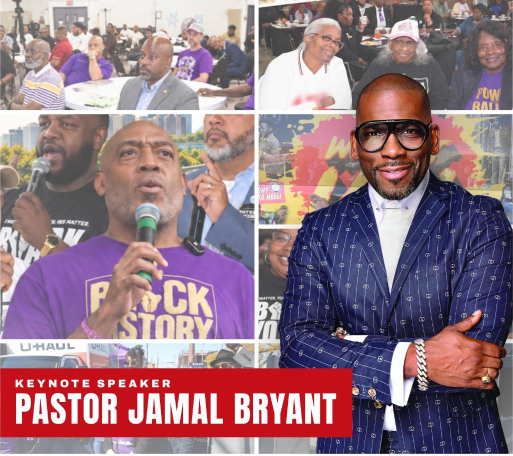 Keynote speaker Pastor Jamal Bryant over scenes from the RealPower.TV organizing breakfasts